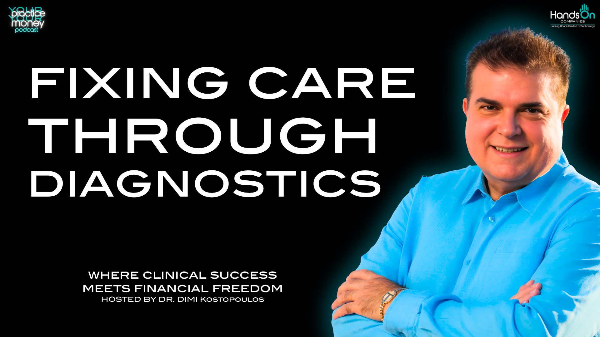 Podcast cover: title 'Fixing Care Through Diagnostics' with subtitle 'Where clinical success meets financial freedom', host Dr. Dimi Kostopoulos, logos in corners, man in blue shirt on the right.