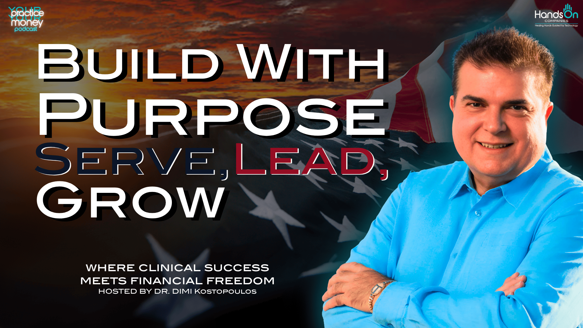 Promotional podcast banner: 'Build with Purpose' with a smiling man in a blue shirt, US flag backdrop and large title text.