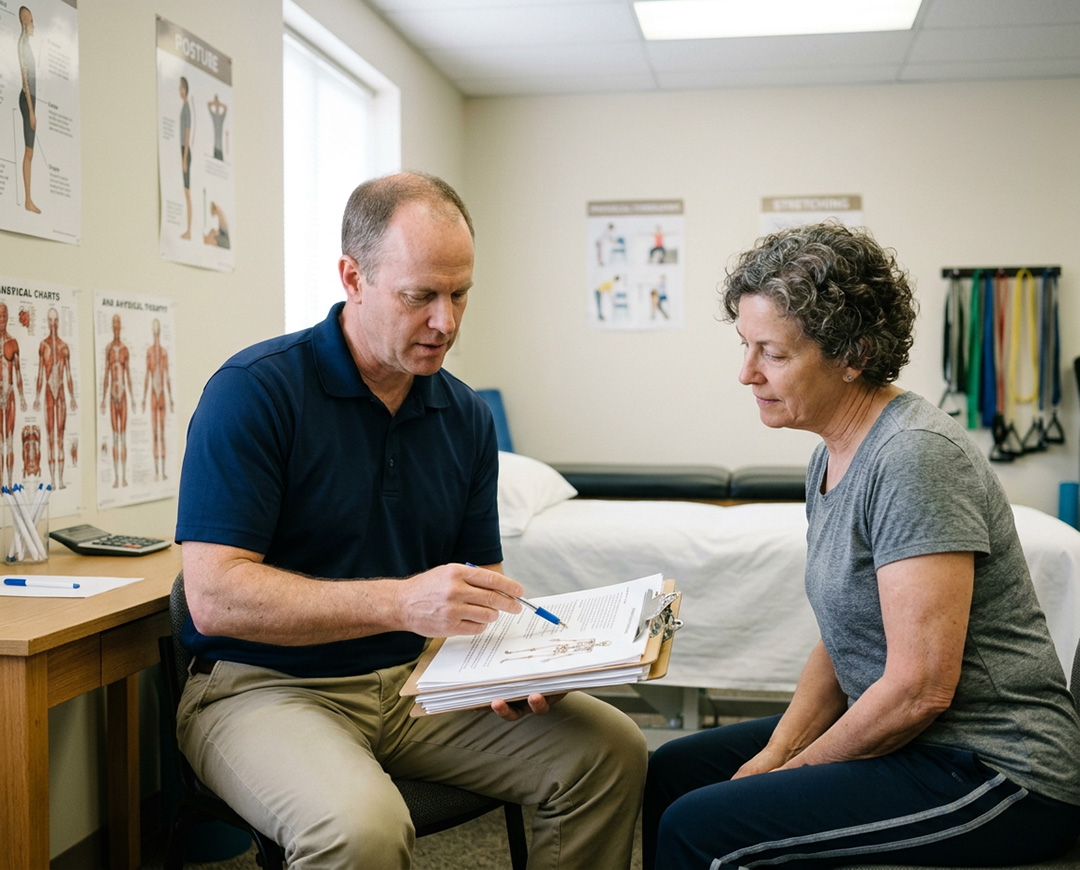 Doctor reviews a clipboard with documents with a patient in a clinic exam room, discussing treatment options.