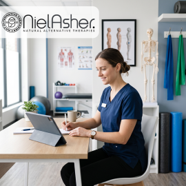 Therapist in navy scrubs sits at a desk with a tablet and notebook in a therapy room, logo in the top-left corner and anatomy posters in the background.