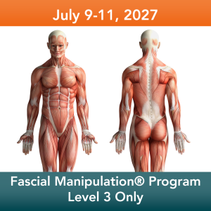 Front and back views of a detailed muscular anatomy model with July 9–11, 2027 banner and a Fascial Manipulation Program Level 3 Only banner.